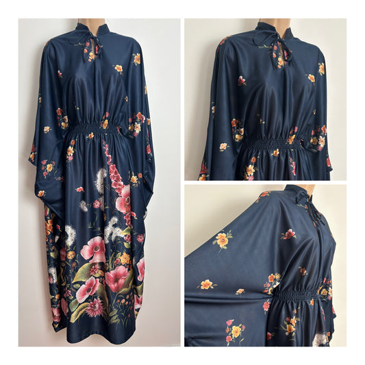 Vintage 1970s WILROSE One Size Darkest Blue Floral Print Tie Neck Wide Sleeve Kaftan Maxi Dress