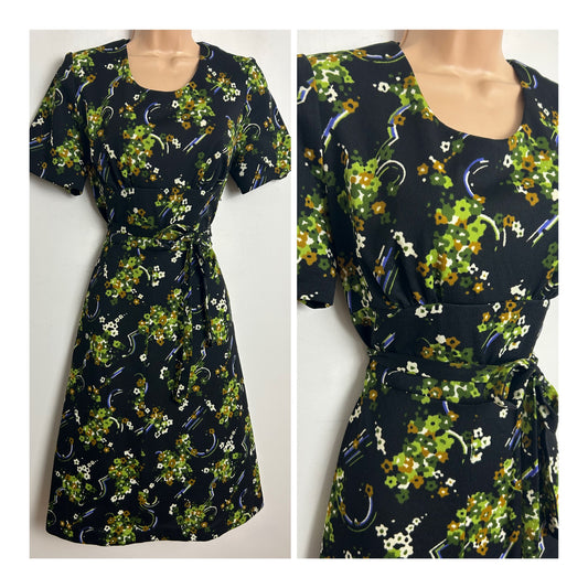 Vintage 1970s Size 12 Black & Green Tones Floral & Abstract Print Belted Mod Day Dress