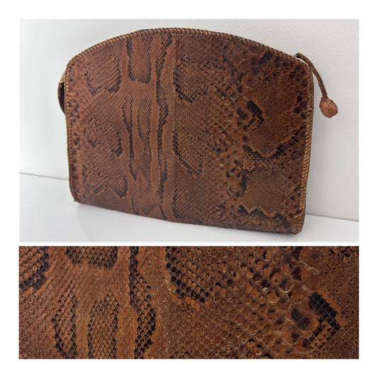 Vintage 1970s Large Brown Reptile Snake Skin Leather Folder Wallet Style Clutch Bag