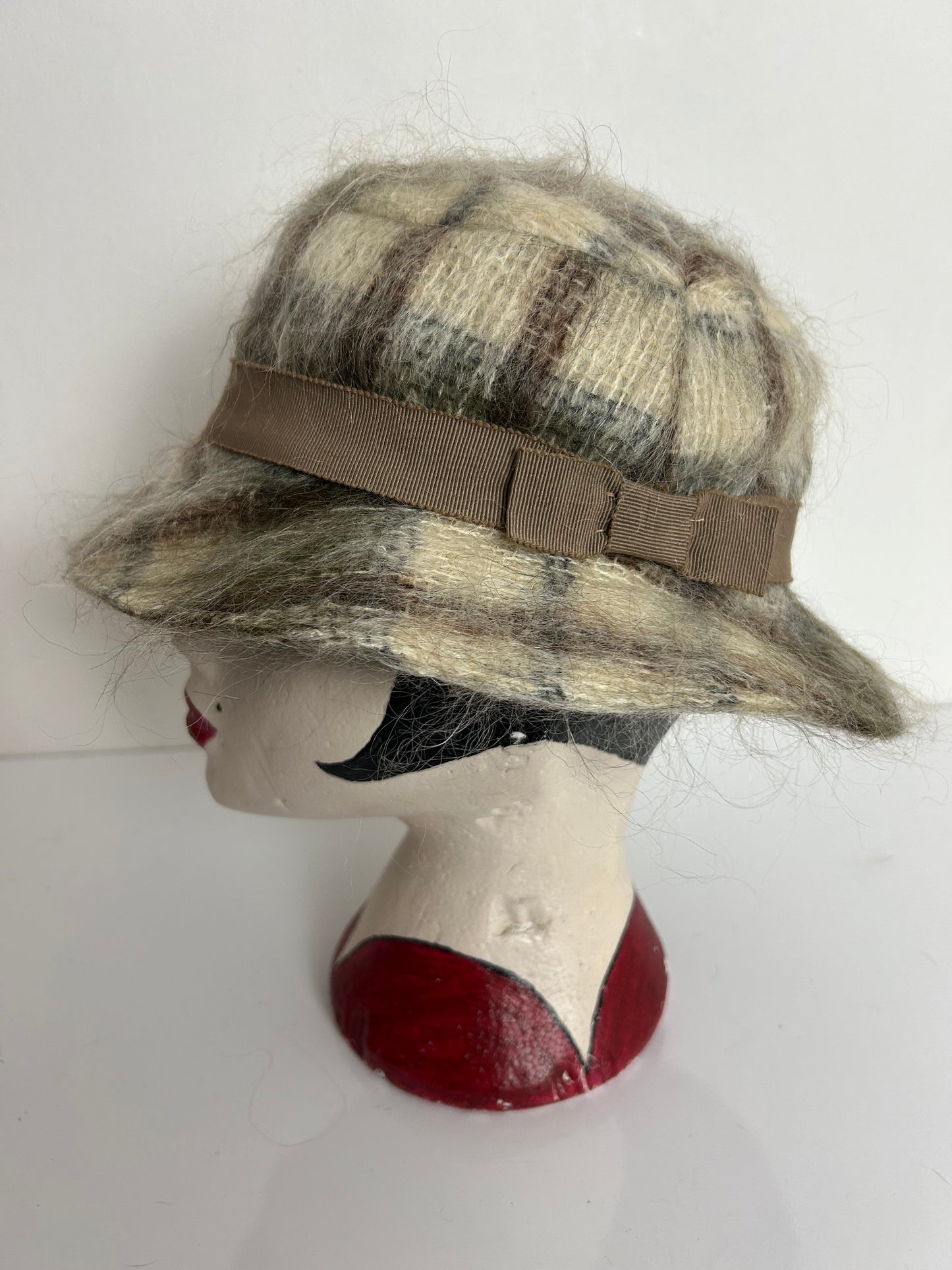 Vintage Brown & Beige Check Wool & Angora Mix Trilby Style Hat