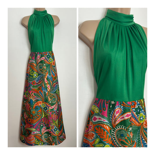 Vintage 1970s Size 10 Green Orange Pink & Blue Floral Paisley Print Sleeveless Maxi Dress