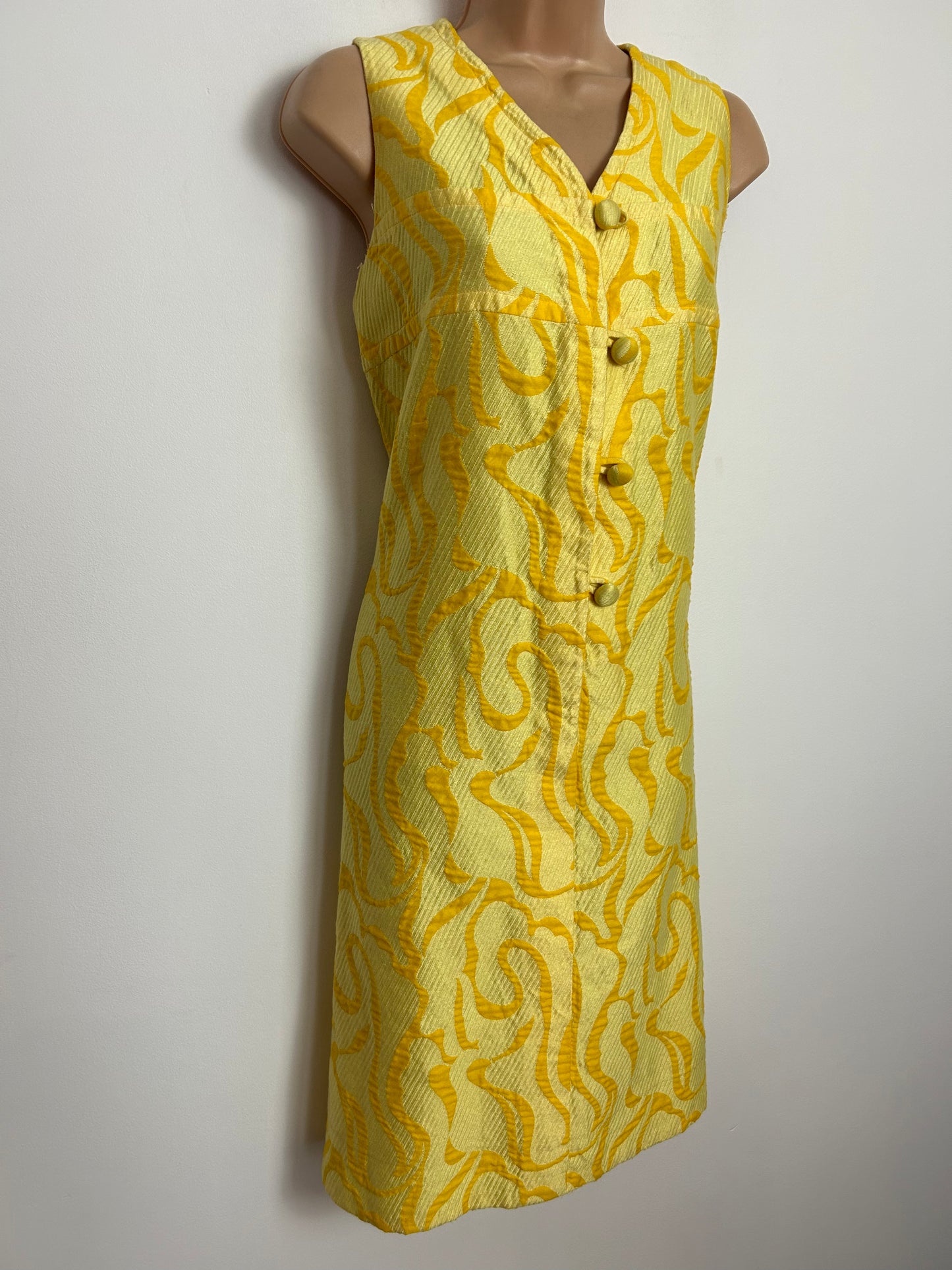 Vintage 1960s UK Size 10-12 FRANK USHER Yellow Slightly Textured Cotton Mix Sleeveless Shift Mod Dress