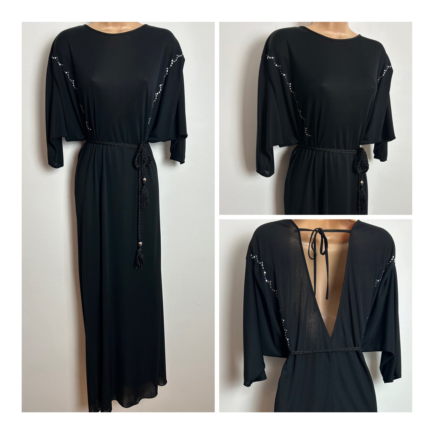 Vintage 1980s Size 12 Black Rhinestone Detail Tie Back Bat Wing Belted Evening Maxi Dress