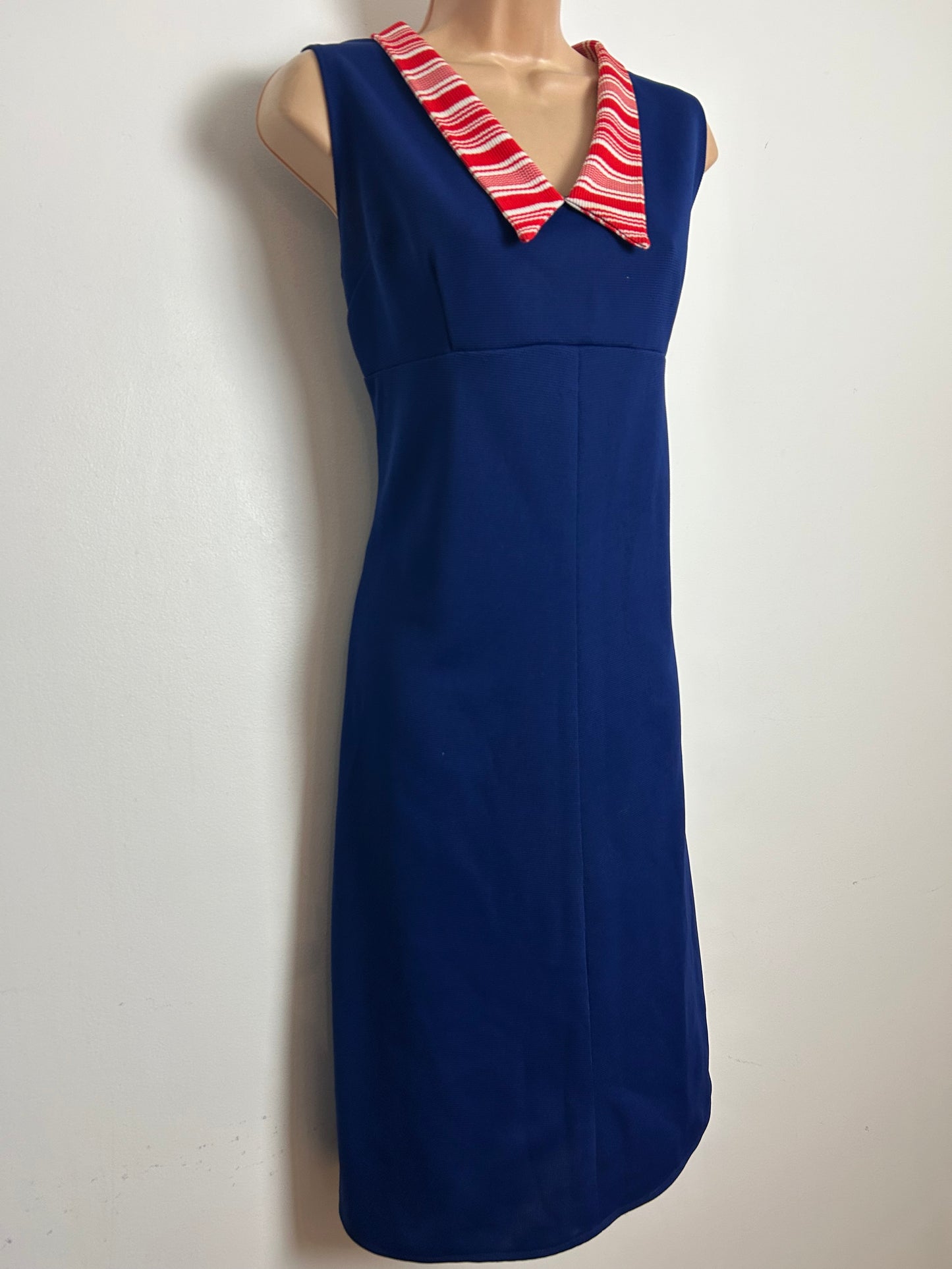 Vintage 1970s Size 12 Navy Blue Red & White Stripe Collar Sleeveless Mod Shift Dress