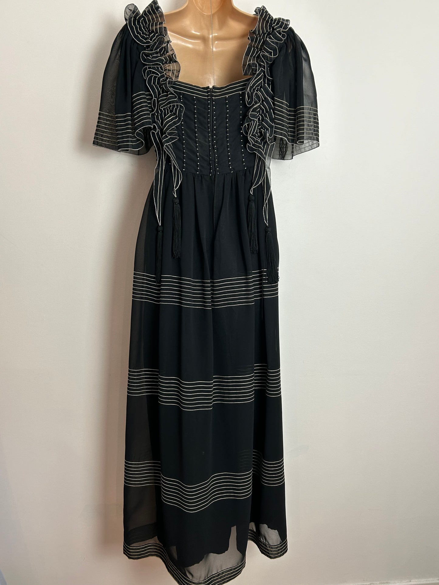 Vintage 1970s JEAN VARON Approx UK Size 10-12 Black Stitch Stripe Detail Tassel Back Ruffle Trim Occasion Evening Maxi Dress