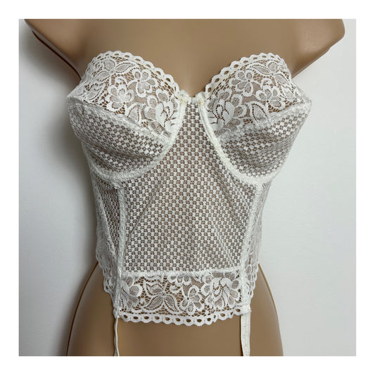 Vintage 1980s CHARNOS Size 36D White Lace Strapless Corset/Basque With Suspender Straps