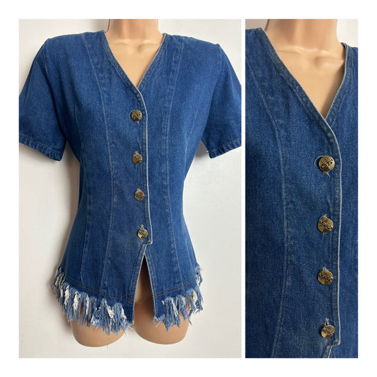Vintage 1980s RAMA OF USA Size 12 Dark Blue Frayed Hem Short Sleeve Denim Shirt