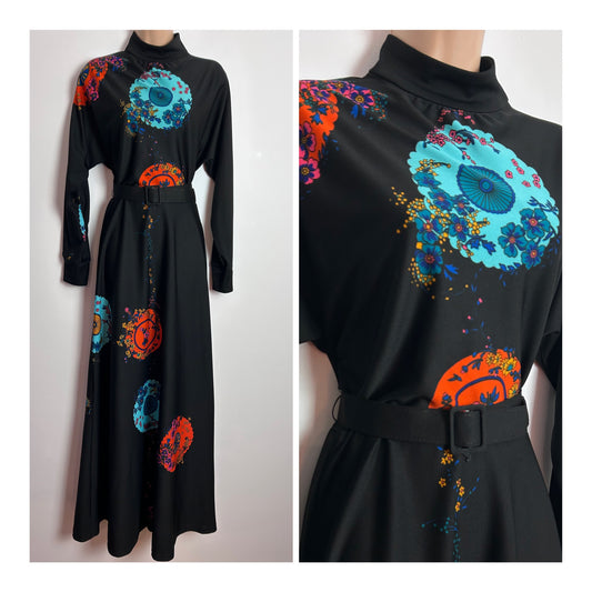 Vintage 1970s TINA WARREN UK Size 8 Black Turquoise & Orange Circular Floral Print Long Sleeve Belted Maxi Dress
