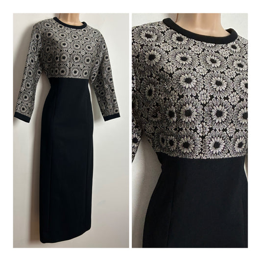 Vintage 1960s UK Size 10-12 Black & Metallic Silver Floral Long Sleeve Occasion Evening Maxi Dress