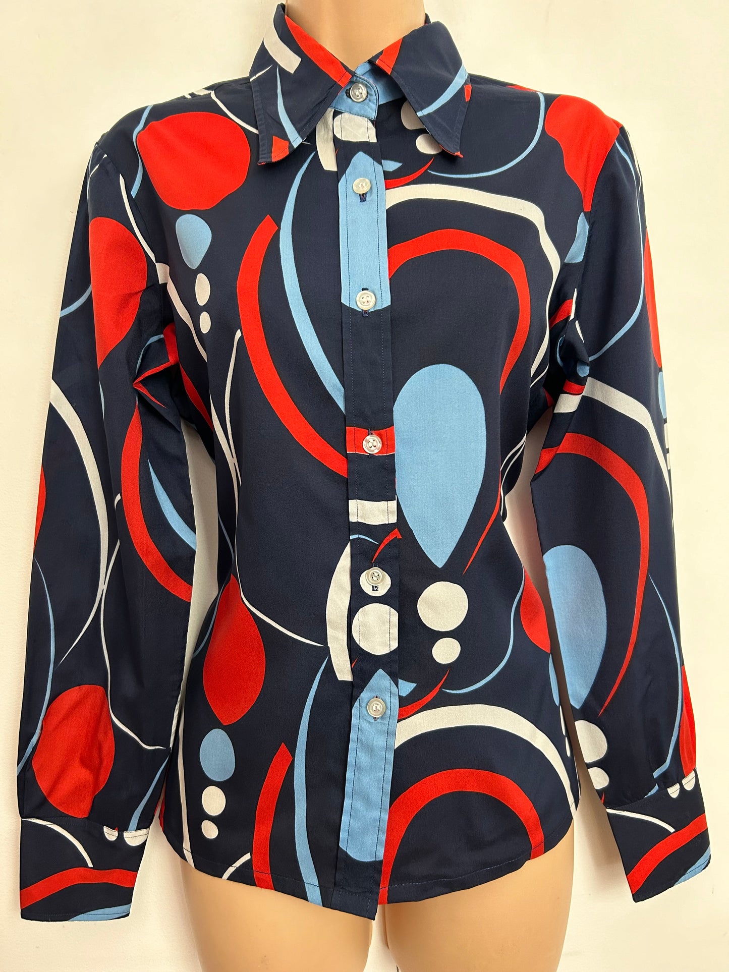 Vintage 1970s PHILLIPE DERE PARIS UK Size 12-14 Navy Blue Red White & Paler Blue Abstract Print Long Sleeve Dagger Collar Shirt