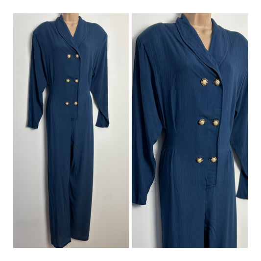 Vintage 1980s UK Size 14 Dark Midnight Blue Crinkle Fabric Double Breasted Long Sleeve Jumpsuit