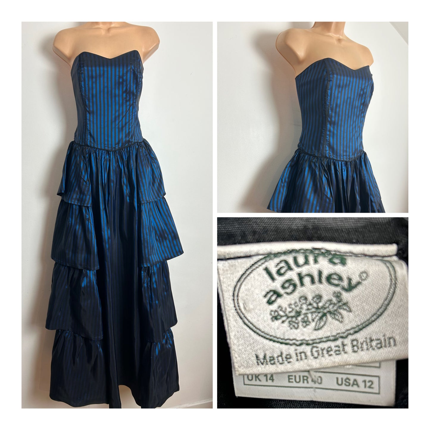 Vintage 1980s LAURA ASHLEY UK Size 10 (Size 14 On Label) Strapless Blue & Black Stripe Tiered Full Length Ballgown