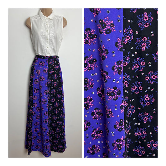 Vintage 1970s PIPPA DEE UK Size 6-8 Black Purple & Pink Floral Print Maxi Skirt