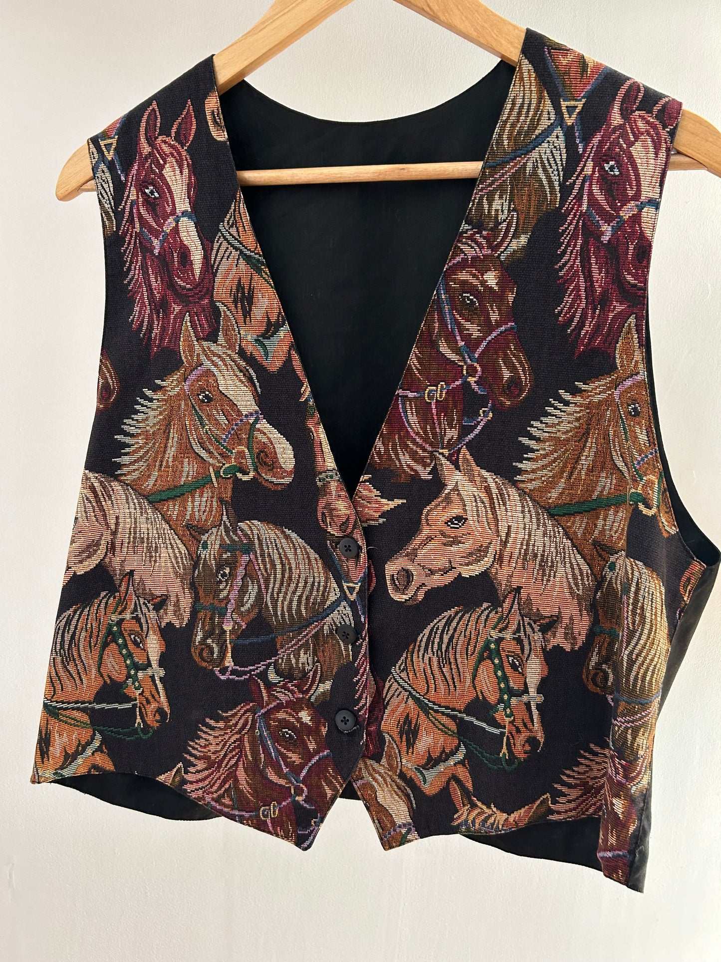Vintage 1980s UK Size 12-14 Black Cotton Equestrian Horses Novelty Tapestry Print Waistcoat