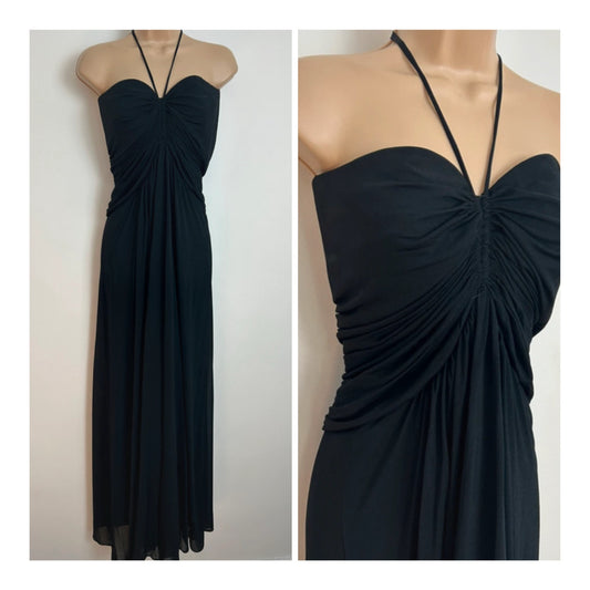 Vintage 1970s LABORN Size 8 Black Halterneck Ruched Bodice Evening Occasion Maxi Dress