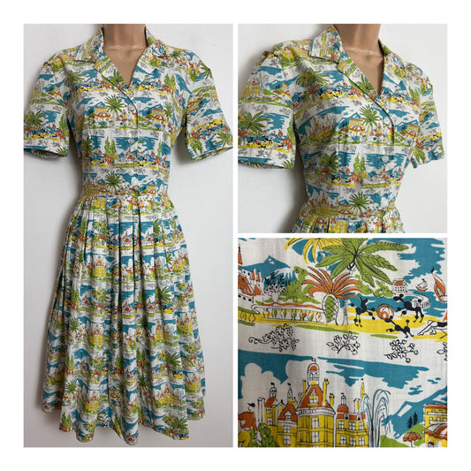 Vintage 1950s Size 6 White Green Blue & Yellow Holiday Resort Novelty Print Pleated Cotton Day Dress