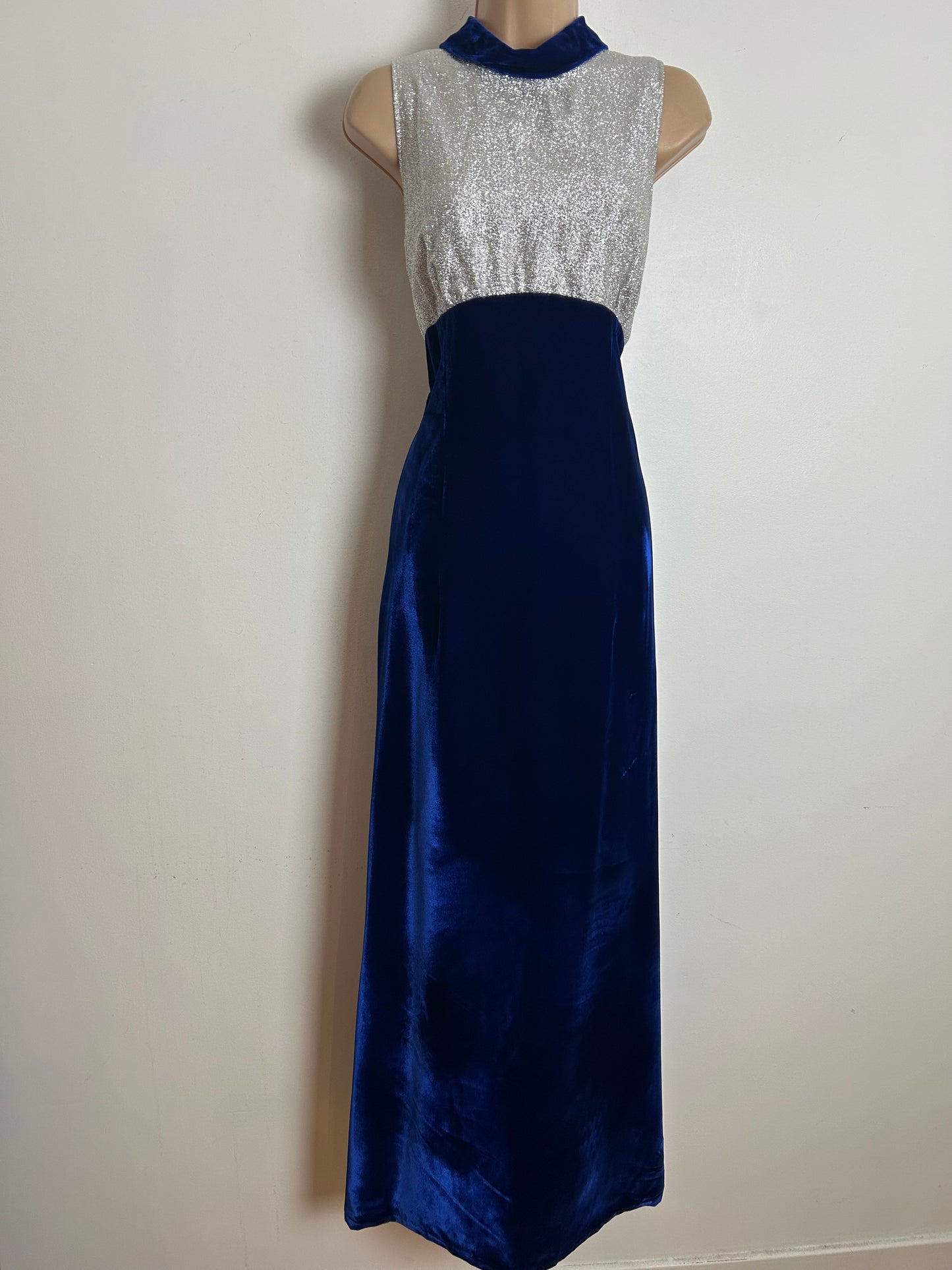 Vintage 1960s MURIEL SPENCER Size 10 Midnight Blue & Silver Lurex Occasion Evening Maxi Dress