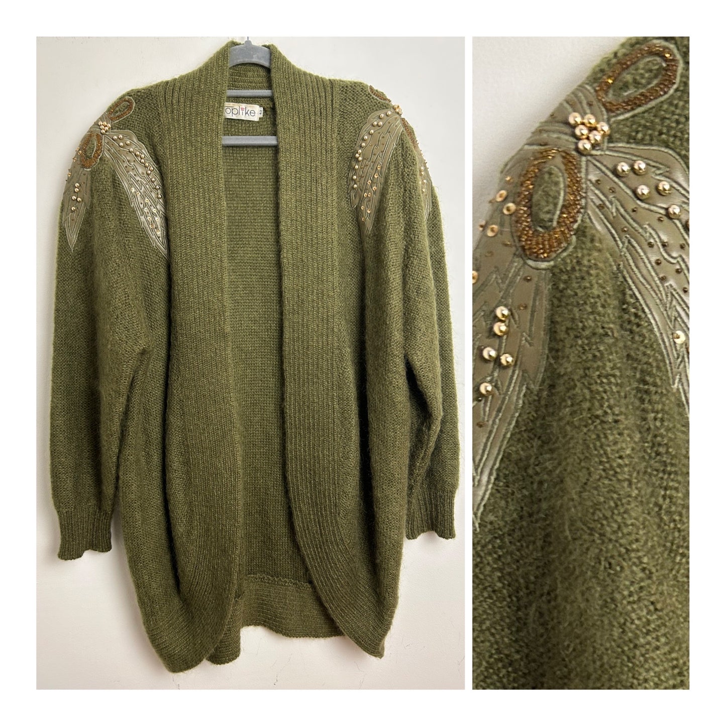 Vintage 1980s UP To Size 16 Olive Green Mohair Mix Leaf & Gold Bead Embellishment Open Fronted Cardigan