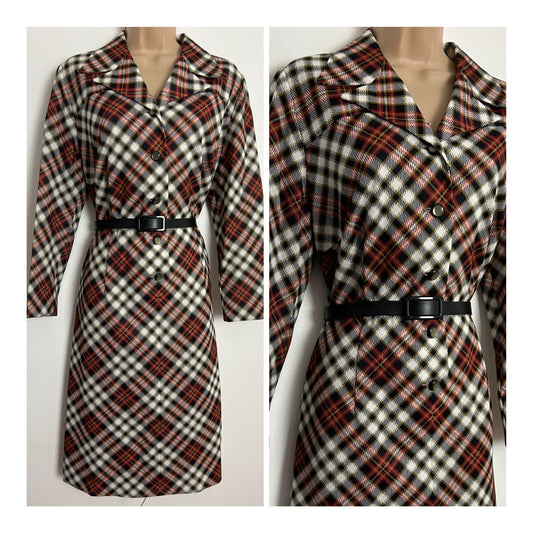 Vintage 1970s UK Size 14 Black White & Red Tartan Check Print Long Sleeve Belted Mod Day Dress