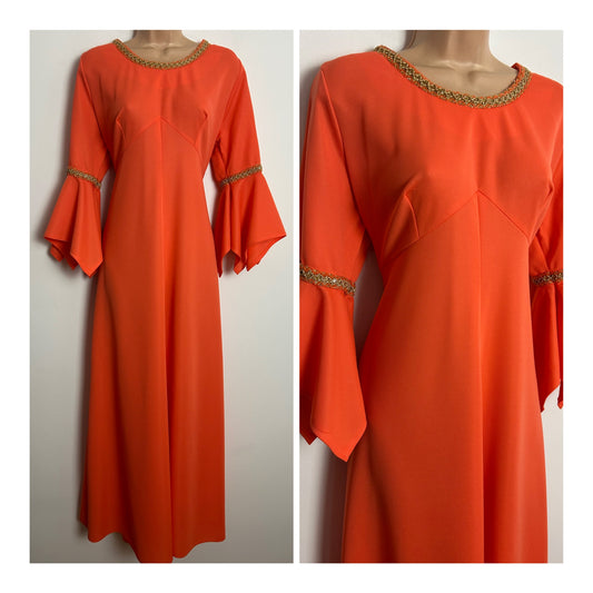 Vintage 1970s Size 12 Orange & Metallic Gold Trim Flared Cuff Empire Line Occasion Maxi Dress