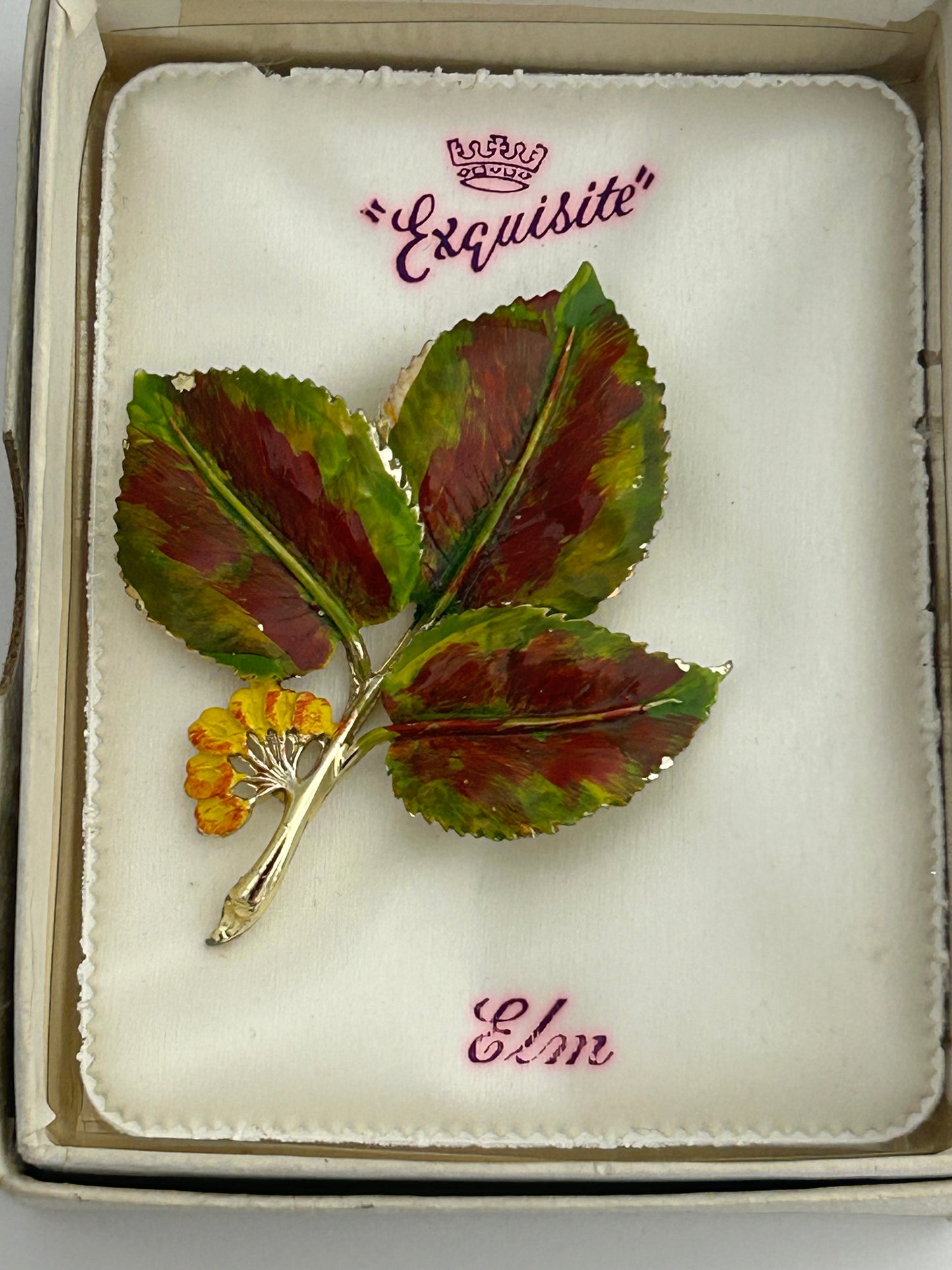 Vintage 1950s EXQUISITE Signed Elm Leaf Enamelled Large Brooch In Original Box