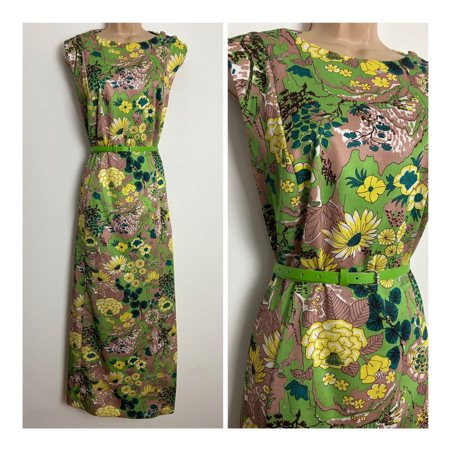 Vintage 1970s LEADING LADY UK Size 14-16 Green Yellow & Mocha Psychedelic Floral Waterlily Print Maxi Dress