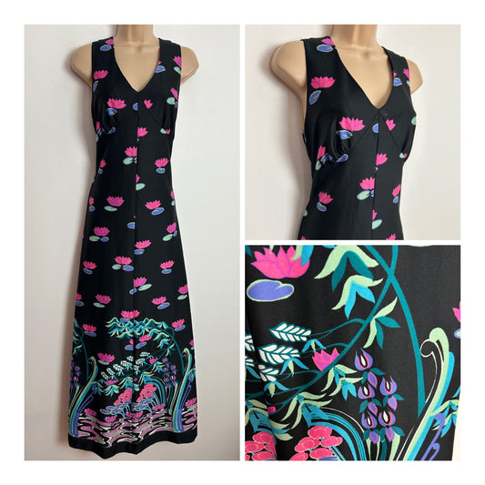 Vintage 1970s UK Size 12-14 Black Pink Blue & Green Floral & Waterlily Print Boho Maxi Dress