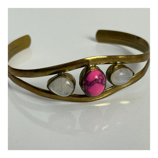 Vintage Small Brass Pink Stone & Glass Set Pretty Bangle/Bracelet