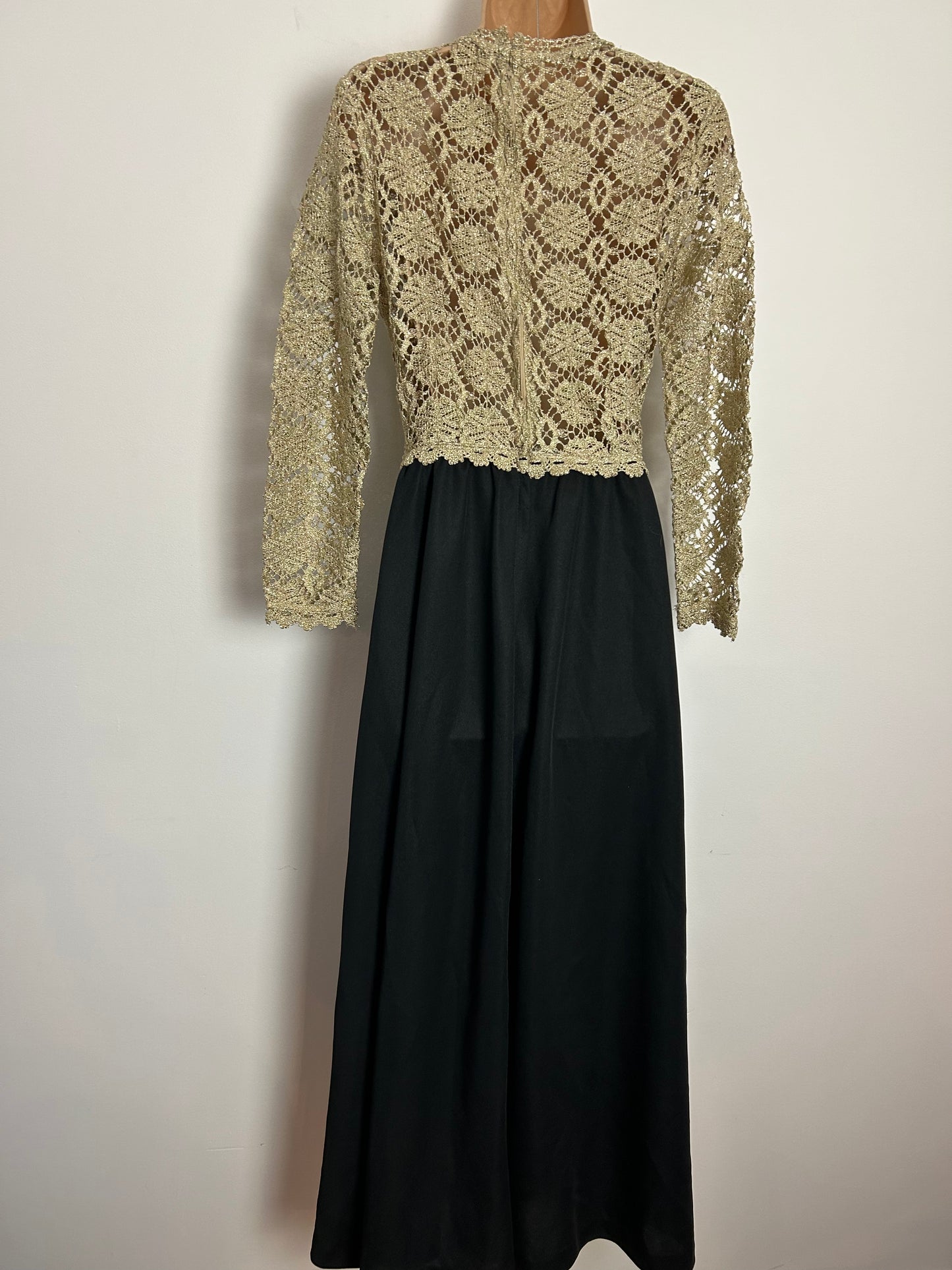 Vintage 1970s UK Size 6 Black & Metallic Gold Crochet Bodice Long Sleeve Occasion Evening Maxi Dress