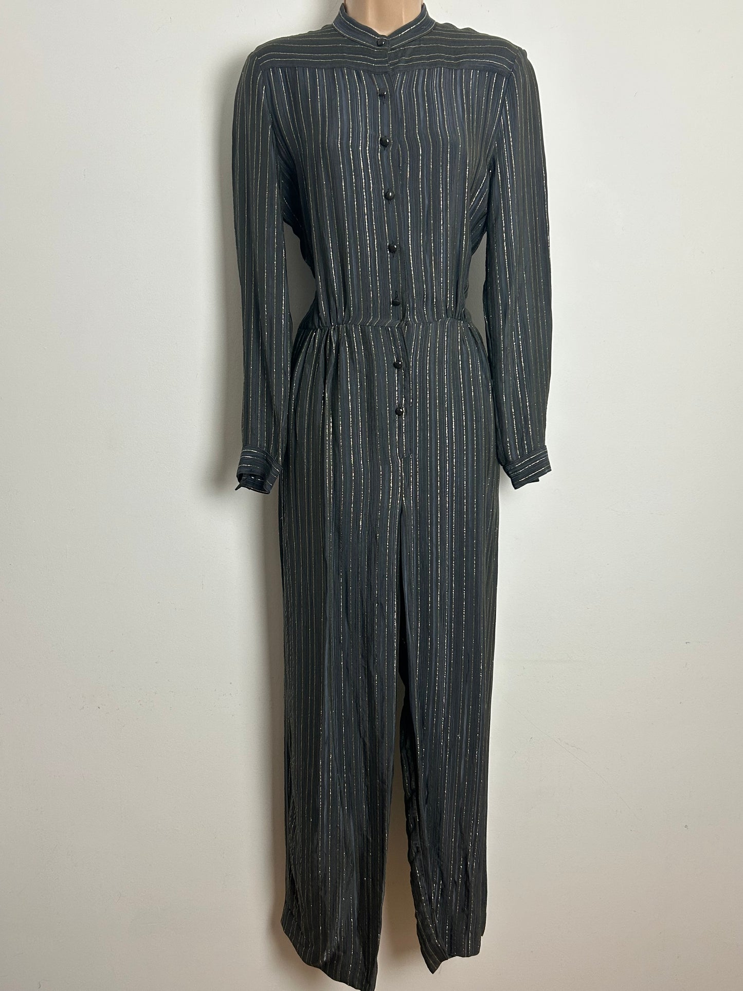 Vintage 1980s COUNTRY CASUALS Size 10 Dark Grey & Gold Pinstripe Long Sleeve Jumpsuit