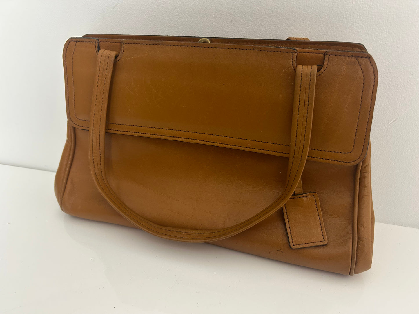 Vintage Late 1960s Tan Brown Top Handles Leather Handbag With Small Matching Coin Purse