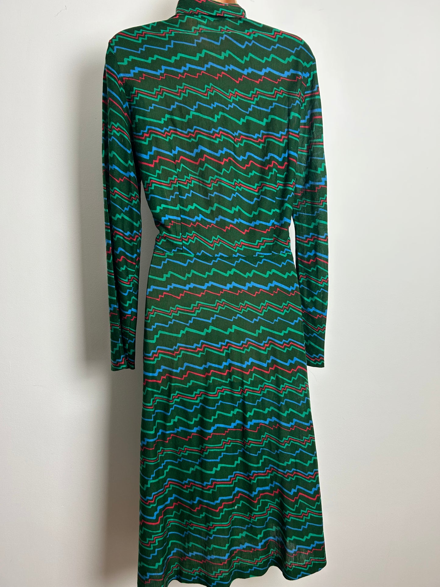 Vintage 1970s GLENARD Size 12 Dark Green Zig Zag Stripe Print Long Sleeve Pleated Day Dress