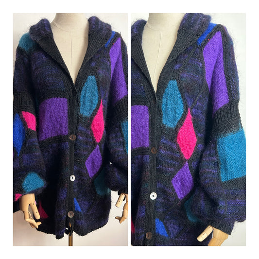 Vintage 1980s DORE One Size Up To Size 18 Black Pink Purple & Blue Raglan Mohair Mix Cardigan