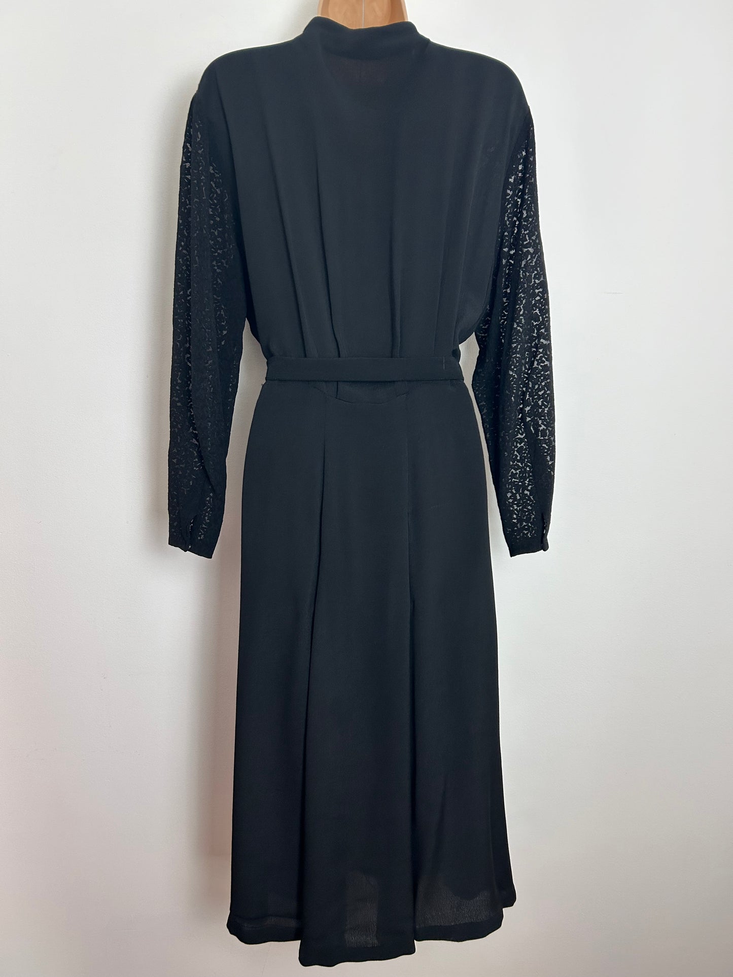Vintage 1940s Size 14 Black Rayon Burn Out/Devore Long Sleeve Belted WW2 Era Tea Dress
