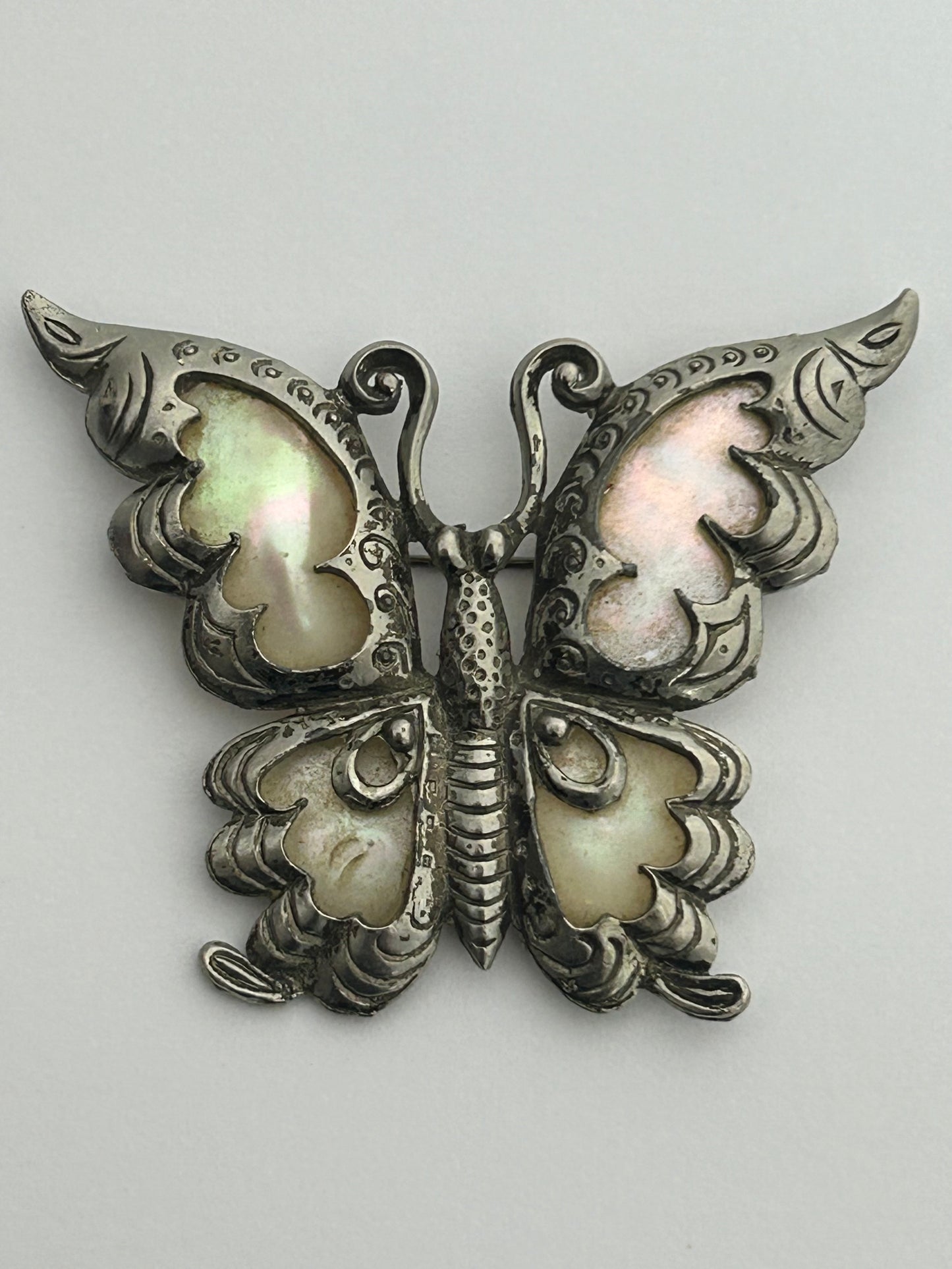 Vintage Absolutely Beautiful Large Silver Tone Mother Of Pearl Set Orange Butterfly Brooch