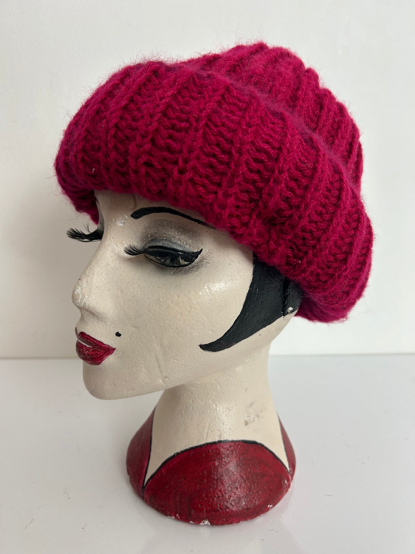 Vintage Raspberry Chunky Rib Knit Turn Up Angora & Wool Mix Beanie Style Hat