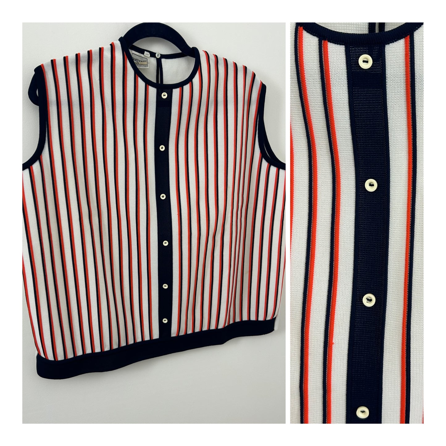 Vintage 1960s Size 16-18 White Red & Navy Blue Textured Stripe Sleeveless Mod Top