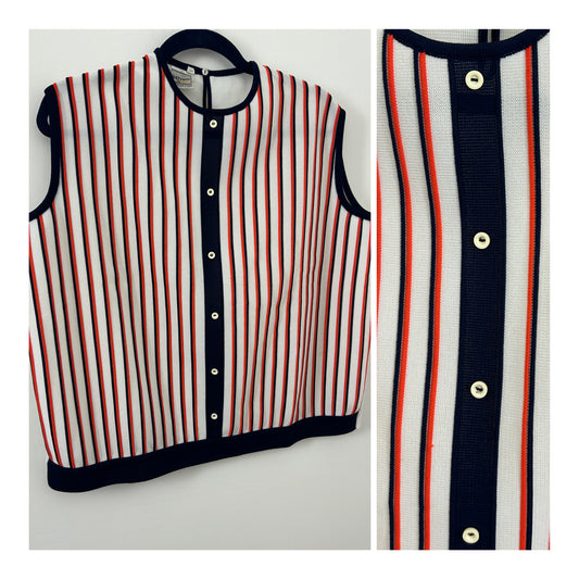 Vintage 1960s Size 16-18 White Red & Navy Blue Textured Stripe Sleeveless Mod Top