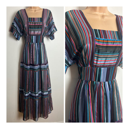 Vintage 1970s VERA MONT PARIS Size 8 Black Blue White & Orange Stripe Print Short Sleeve Tie Back Max Dress