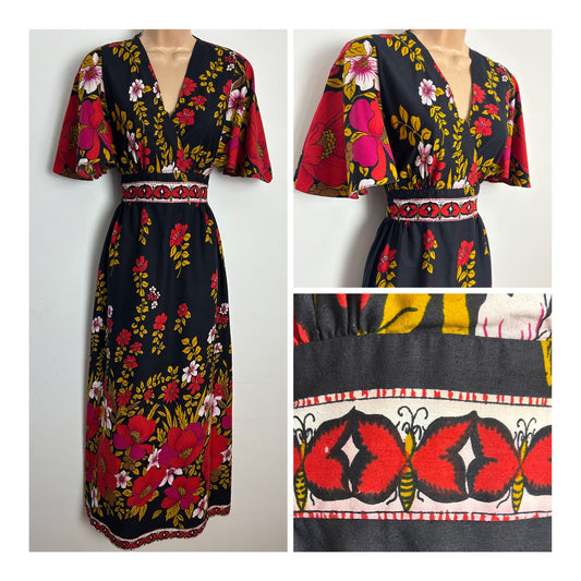 Vintage 1970s Size 10 Made In Thailand Black Red & Mustard Floral & Butterfly Batik Print Cotton Maxi Dress