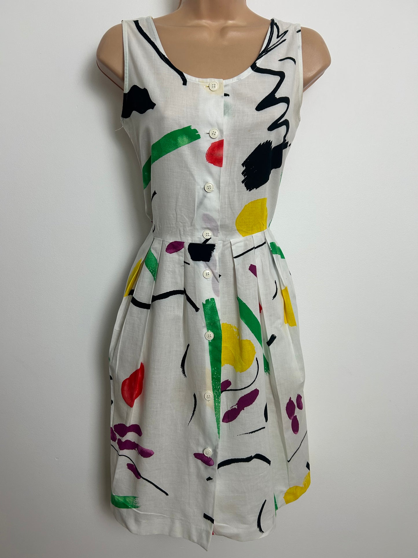 Vintage 1980s CACHAREL Size 8 White Multicolour Abstract Print Pleated Cotton Summer Dress