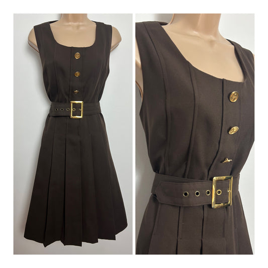 Vintage 1970s Size 12 Brown Pleated Belted Gold Button Detail Mod Day Dress
