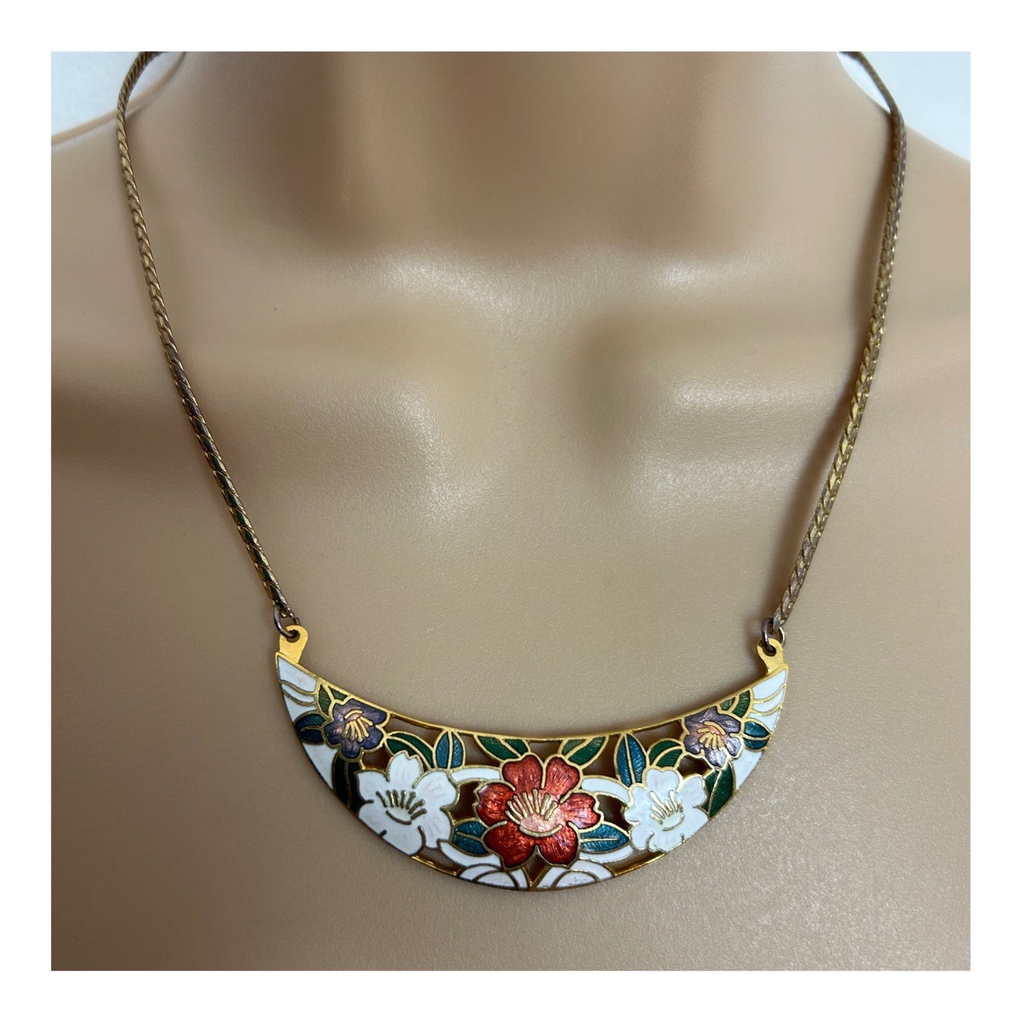 Vintage Gold Tone & Cloisonne Enamel Floral Patter Serpentine Necklace