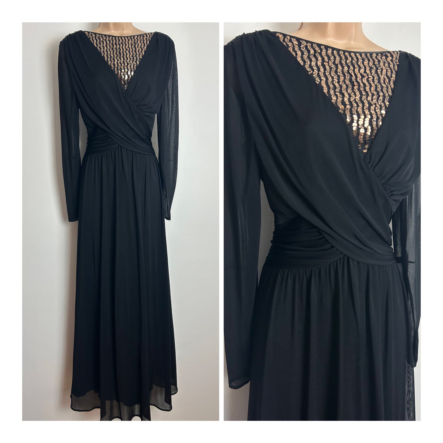 Vintage Late 1970s Size 10-12 Black & Gold Sequin Embellished Evening Occasion Maxi Dress