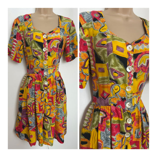Vintage 1980s RENE DERHY Size 8 (Small) Yellow Orange Pink & Purple Abstract Print Cute Romper Playsuit