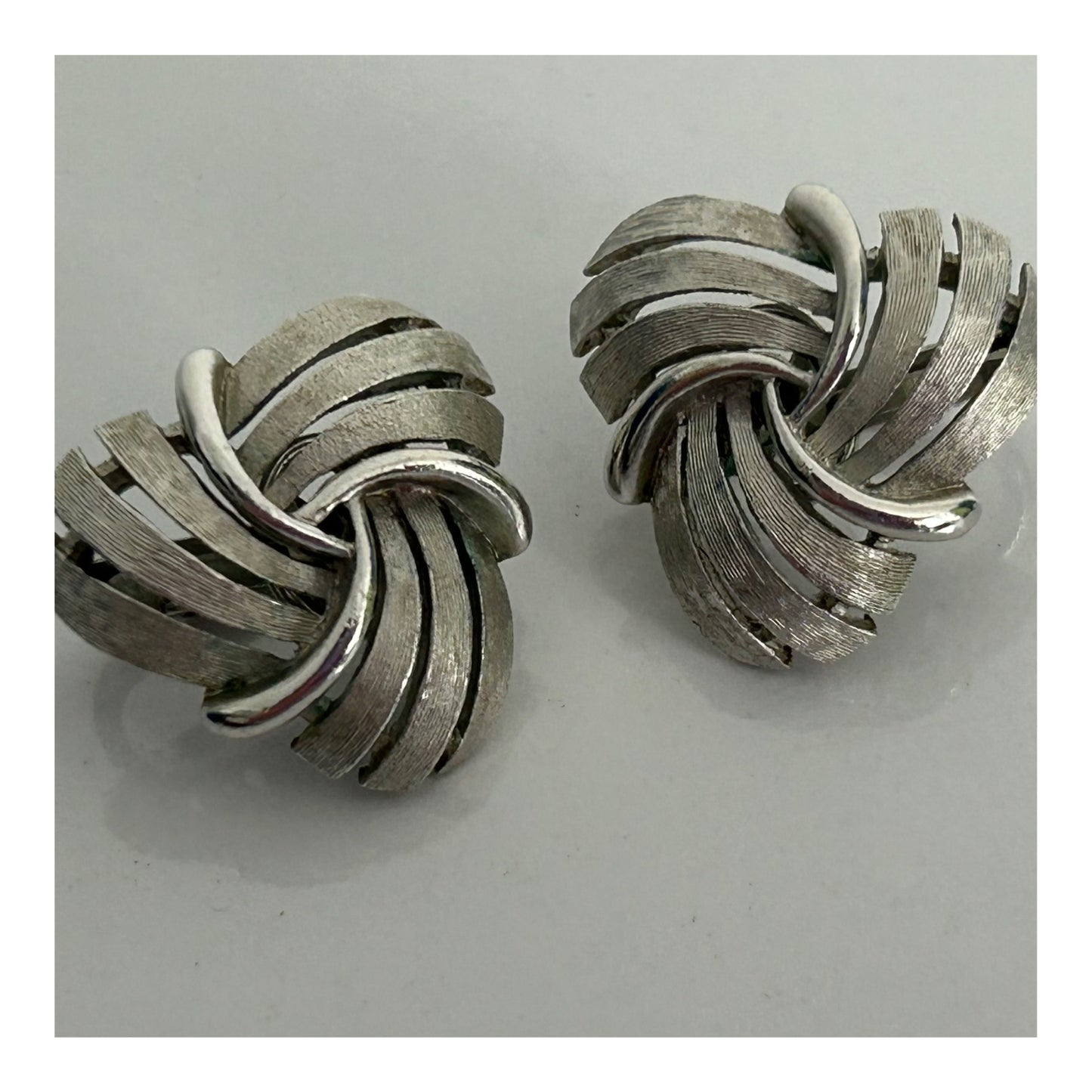 Vintage 1960s TRFARI Silver Tone Brushed Effect Clip On Earrings