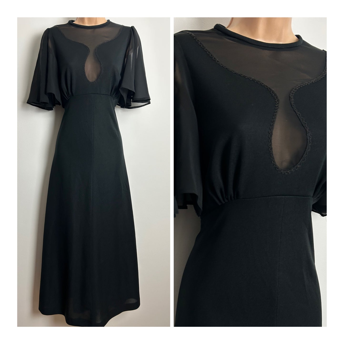 Vintage 1970s Size 12-14 Black Illusion Neck Flutter Sleeve Occasion Evening Maxi Dress