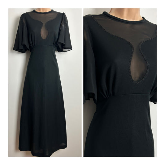 Vintage 1970s Size 12-14 Black Illusion Neck Flutter Sleeve Occasion Evening Maxi Dress