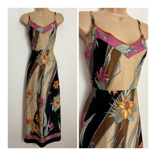 Vintage 1970s UK Size 8 Brown Black Beige & Pink Floral & Leaf Print Strappy Maxi Dress