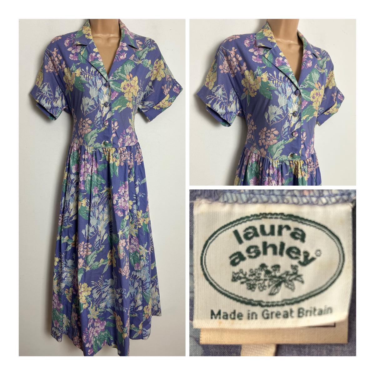 Vintage 1980s LAURA ASHLEY Size 8 (Size 10 On Label) Lilac Green & Lem ...